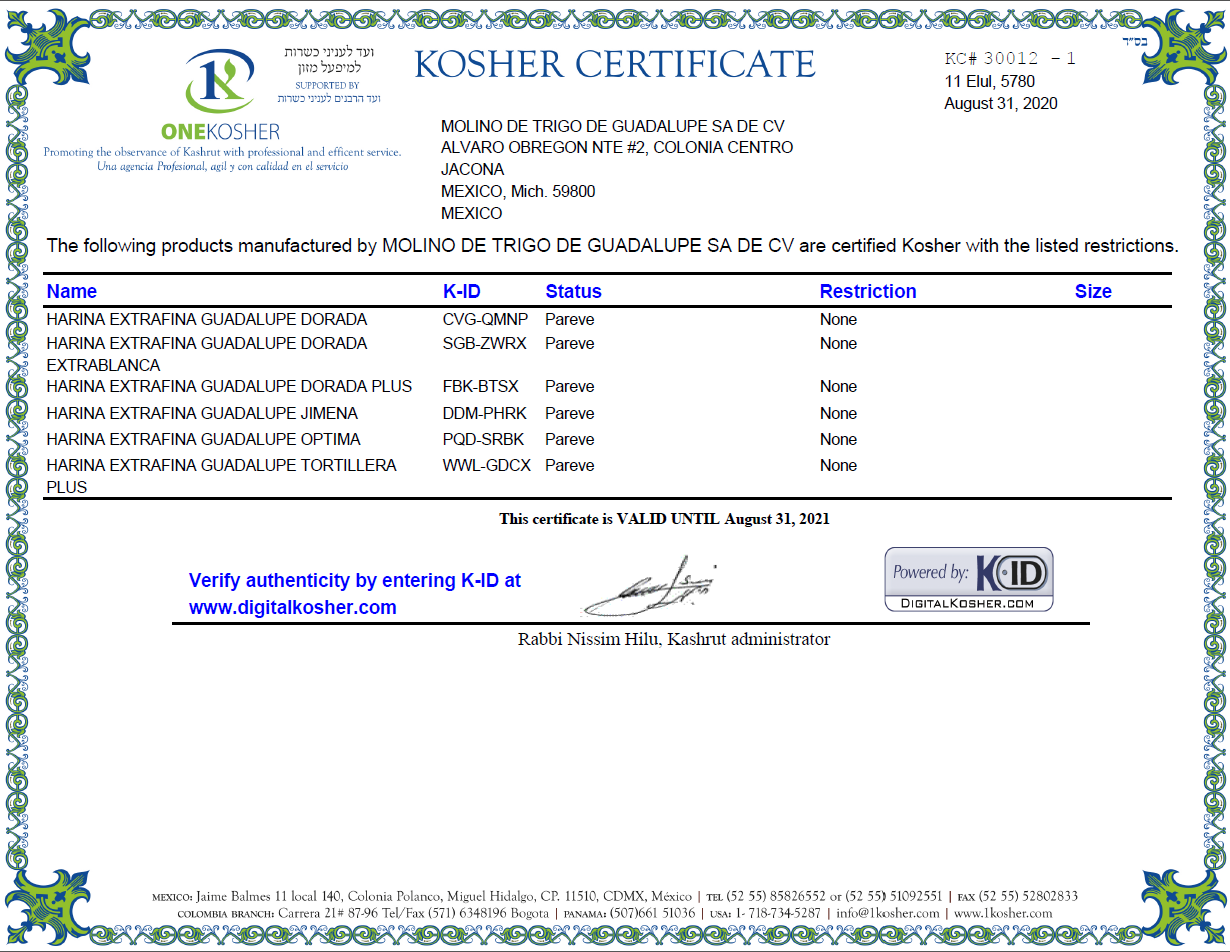 Harinera Gudalupe S.A. de C.V. Certificado KOSHER para Molino de Trigo de Guadalupe, S.A. de C.V.